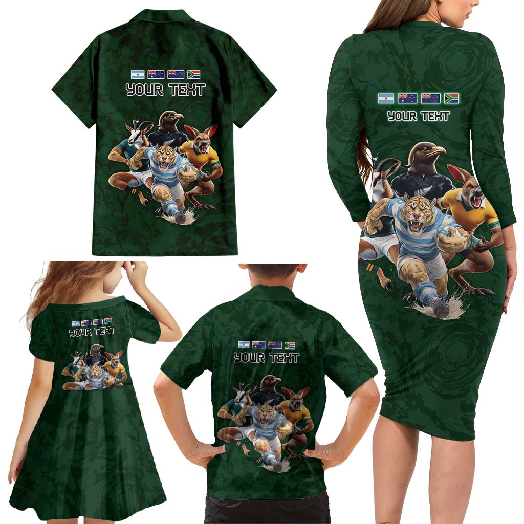 Custom Rugby Southern Hemisphere Family Matching Long Sleeve Bodycon Dress and Hawaiian Shirt Argentina AUNZ South Africa Mascot Green LT9 - Polynesian Pride