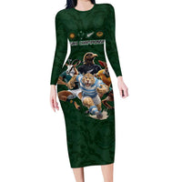 Custom Rugby Southern Hemisphere Family Matching Long Sleeve Bodycon Dress and Hawaiian Shirt Argentina AUNZ South Africa Mascot Green LT9 Mom's Dress Green - Polynesian Pride