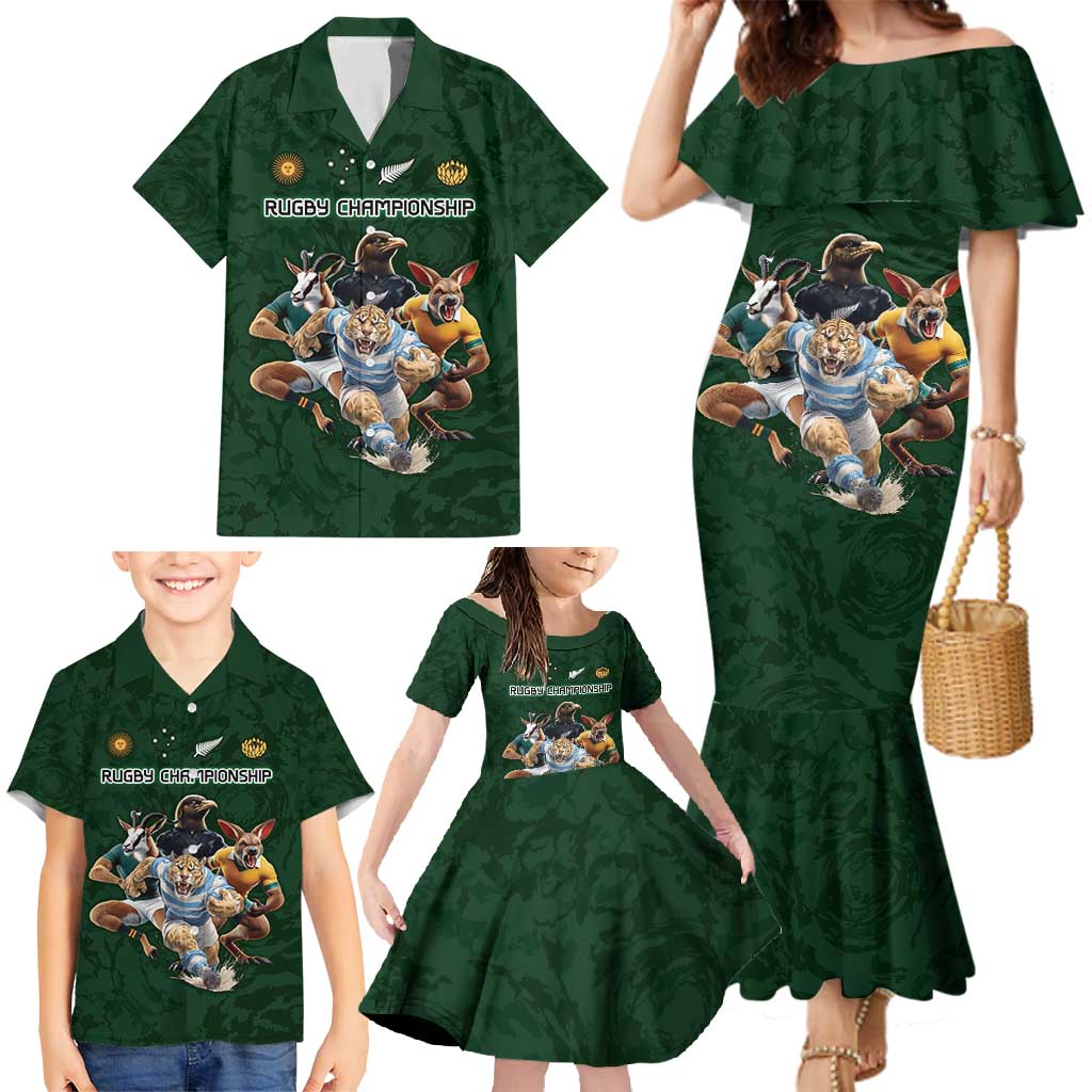 Custom Rugby Southern Hemisphere Family Matching Mermaid Dress and Hawaiian Shirt Argentina AUNZ South Africa Mascot Green LT9 - Polynesian Pride