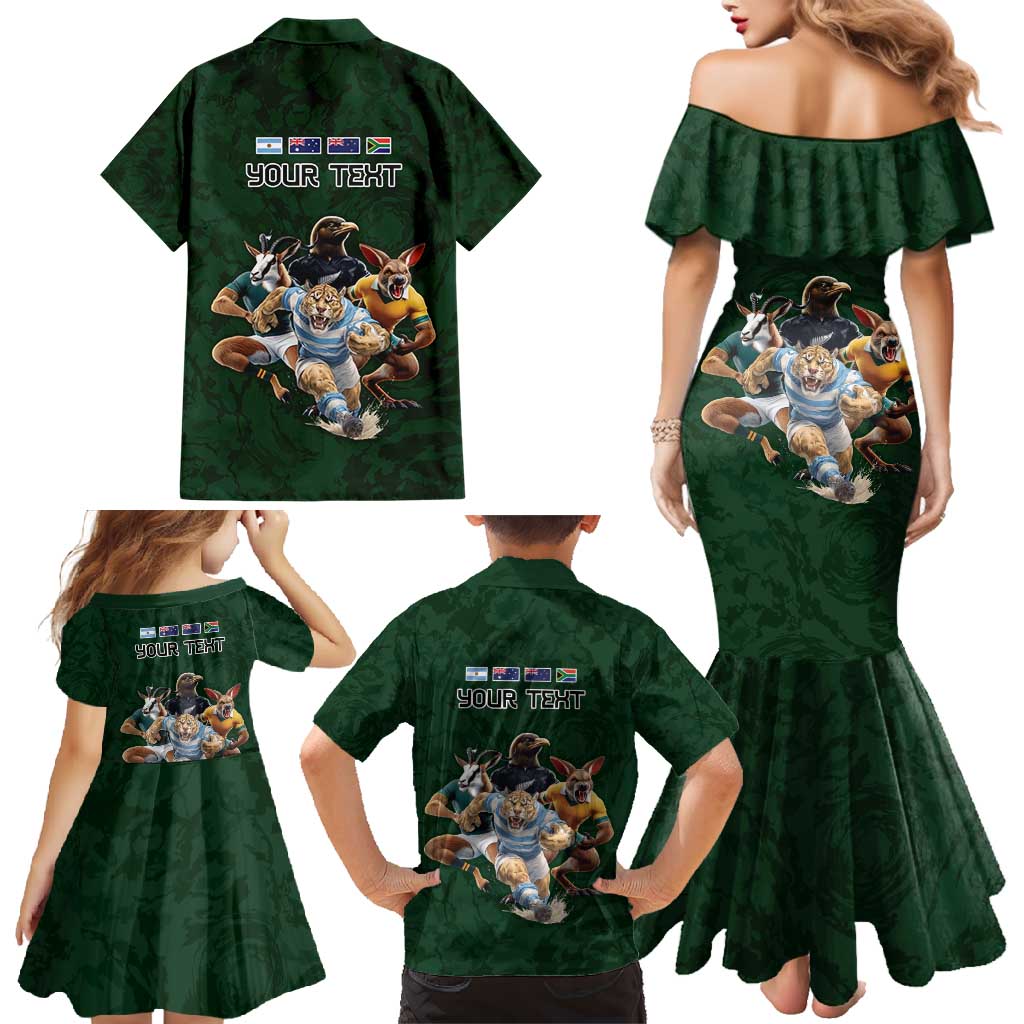 Custom Rugby Southern Hemisphere Family Matching Mermaid Dress and Hawaiian Shirt Argentina AUNZ South Africa Mascot Green LT9 - Polynesian Pride