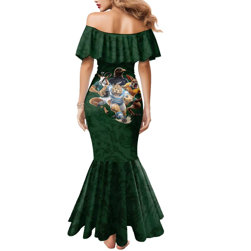 Custom Rugby Southern Hemisphere Family Matching Mermaid Dress and Hawaiian Shirt Argentina AUNZ South Africa Mascot Green LT9 - Polynesian Pride