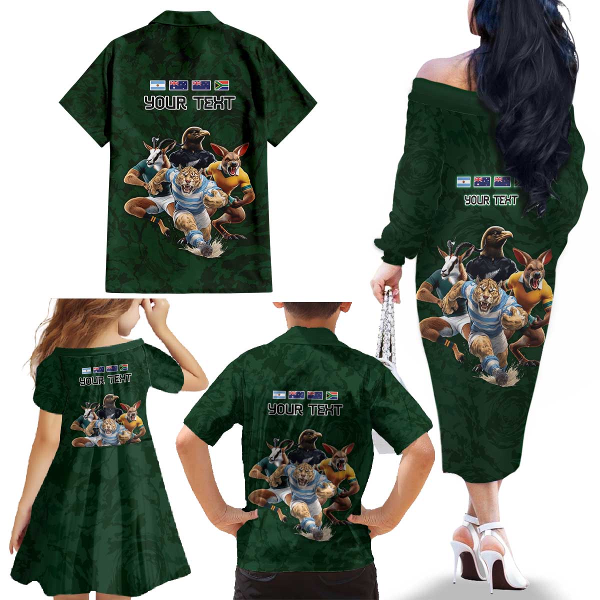 Custom Rugby Southern Hemisphere Family Matching Off The Shoulder Long Sleeve Dress and Hawaiian Shirt Argentina AUNZ South Africa Mascot Green - Polynesian Pride