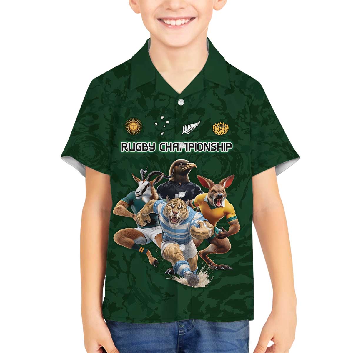Custom Rugby Southern Hemisphere Family Matching Off The Shoulder Long Sleeve Dress and Hawaiian Shirt Argentina AUNZ South Africa Mascot Green - Polynesian Pride