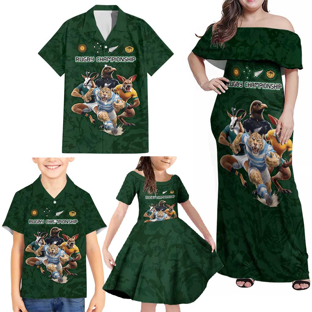 Custom Rugby Southern Hemisphere Family Matching Off Shoulder Maxi Dress and Hawaiian Shirt Argentina AUNZ South Africa Mascot Green LT9 - Polynesian Pride