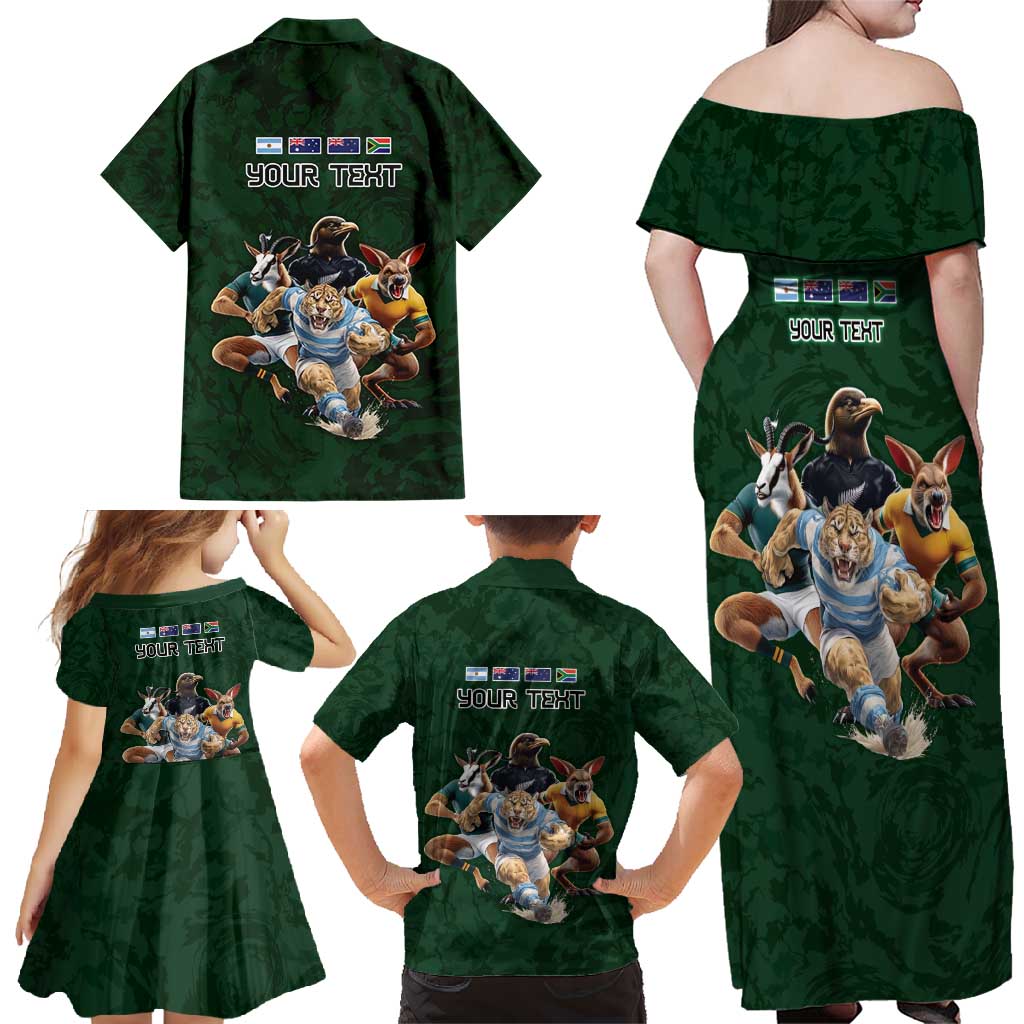 Custom Rugby Southern Hemisphere Family Matching Off Shoulder Maxi Dress and Hawaiian Shirt Argentina AUNZ South Africa Mascot Green LT9 - Polynesian Pride