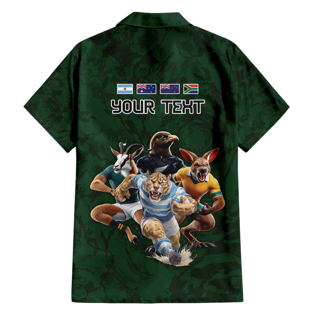 Custom Rugby Southern Hemisphere Family Matching Off Shoulder Maxi Dress and Hawaiian Shirt Argentina AUNZ South Africa Mascot Green LT9 - Polynesian Pride