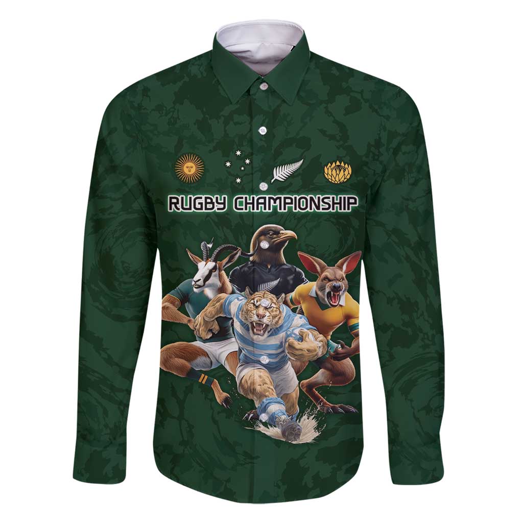 Custom Rugby Southern Hemisphere Family Matching Off Shoulder Maxi Dress and Hawaiian Shirt Argentina AUNZ South Africa Mascot Green LT9 Dad's Shirt - Long Sleeve Green - Polynesian Pride