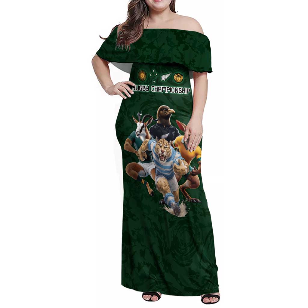 Custom Rugby Southern Hemisphere Family Matching Off Shoulder Maxi Dress and Hawaiian Shirt Argentina AUNZ South Africa Mascot Green LT9 Mom's Dress Green - Polynesian Pride