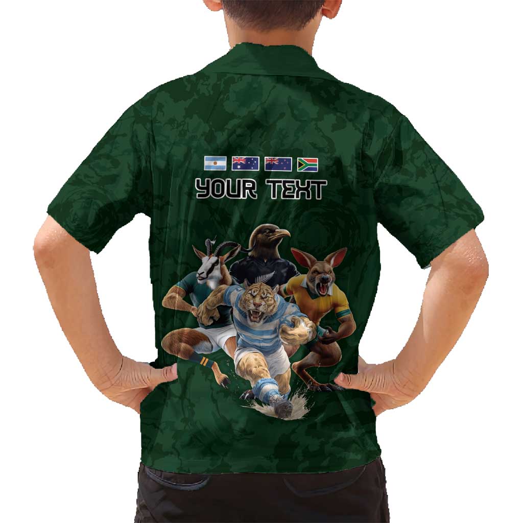 Custom Rugby Southern Hemisphere Family Matching Off Shoulder Short Dress and Hawaiian Shirt Argentina AUNZ South Africa Mascot Green LT9 - Polynesian Pride