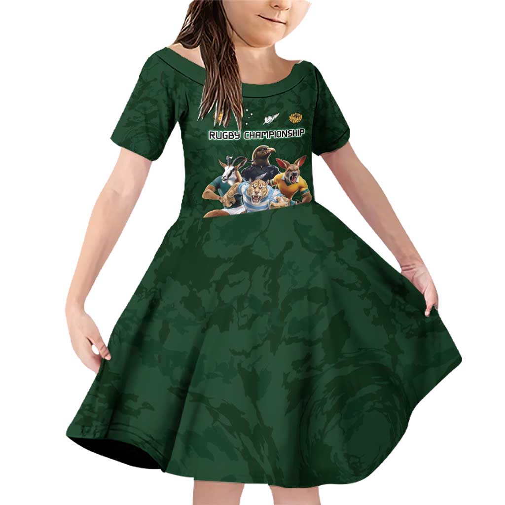 Custom Rugby Southern Hemisphere Family Matching Off Shoulder Short Dress and Hawaiian Shirt Argentina AUNZ South Africa Mascot Green LT9 Daughter's Dress Green - Polynesian Pride