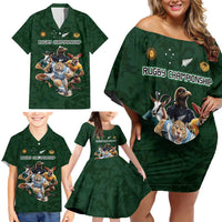 Custom Rugby Southern Hemisphere Family Matching Off Shoulder Short Dress and Hawaiian Shirt Argentina AUNZ South Africa Mascot Green LT9 - Polynesian Pride
