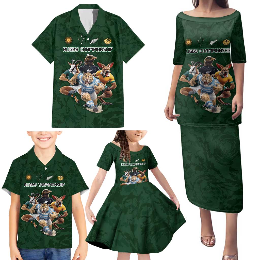 Custom Rugby Southern Hemisphere Family Matching Puletasi and Hawaiian Shirt Argentina AUNZ South Africa Mascot Green - Polynesian Pride