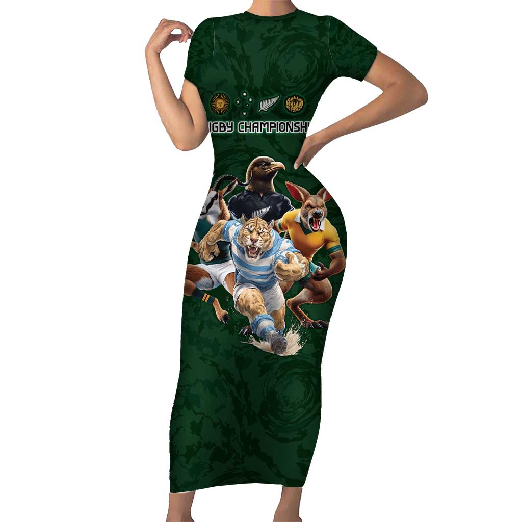 Custom Rugby Southern Hemisphere Family Matching Short Sleeve Bodycon Dress and Hawaiian Shirt Argentina AUNZ South Africa Mascot Green LT9 Mom's Dress Green - Polynesian Pride