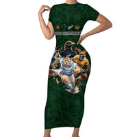 Custom Rugby Southern Hemisphere Short Sleeve Bodycon Dress Argentina AUNZ South Africa Mascot Green LT9 Long Dress Green - Polynesian Pride