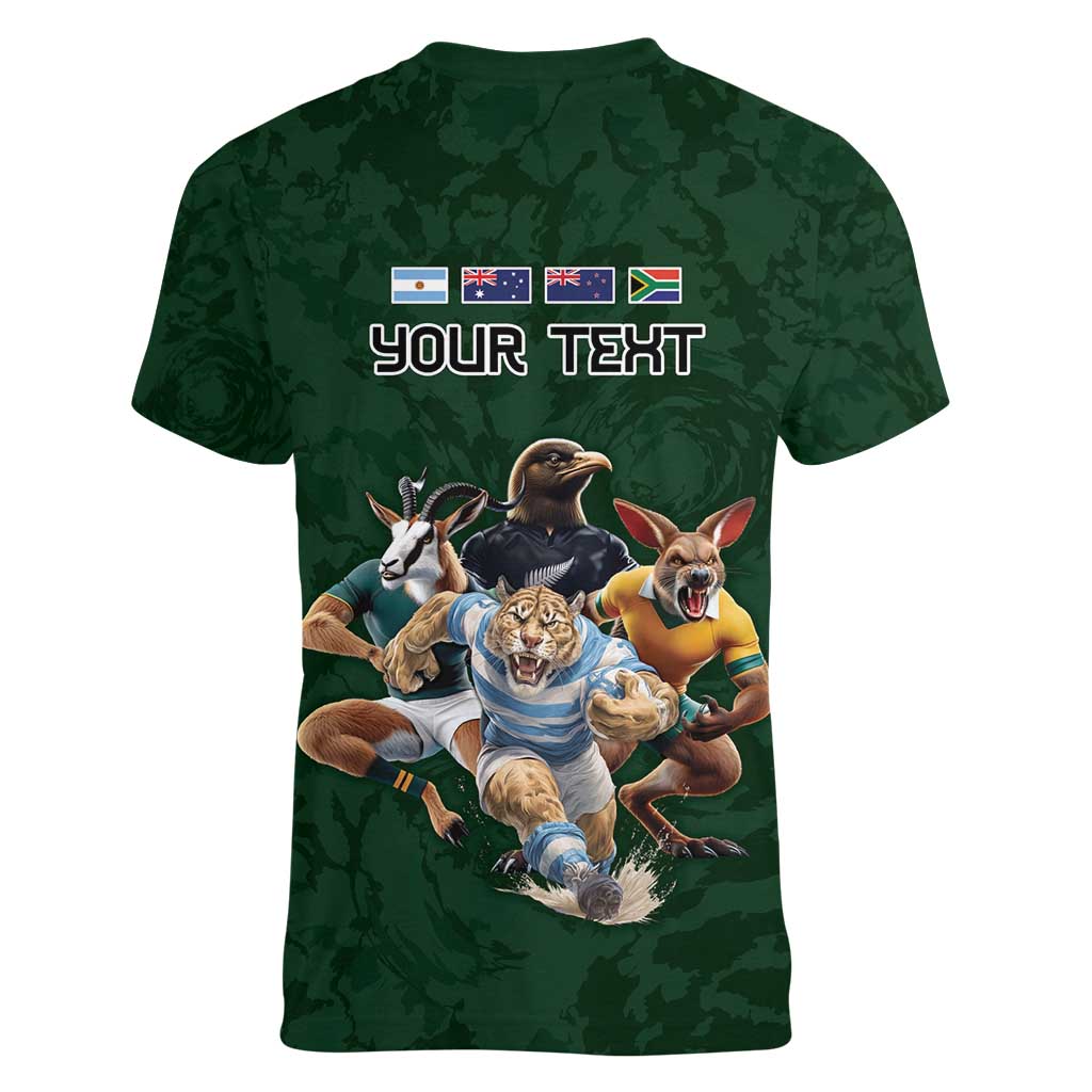 Custom Rugby Southern Hemisphere Women V-Neck T-Shirt Argentina AUNZ South Africa Mascot Green LT9 - Polynesian Pride