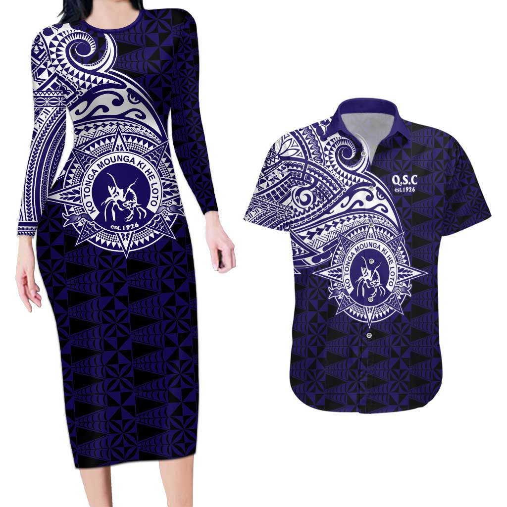 Tonga Queen Salote College 100th Years Couples Matching Long Sleeve Bodycon Dress and Hawaiian Shirt Est 1926 Tongan Ngatu Tapa LT9 Blue - Polynesian Pride