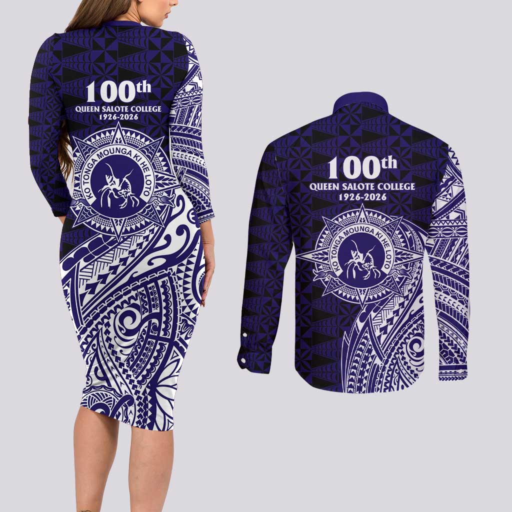 Tonga Queen Salote College 100th Years Couples Matching Long Sleeve Bodycon Dress and Long Sleeve Button Shirt Est 1926 Tongan Ngatu Tapa LT9 - Polynesian Pride