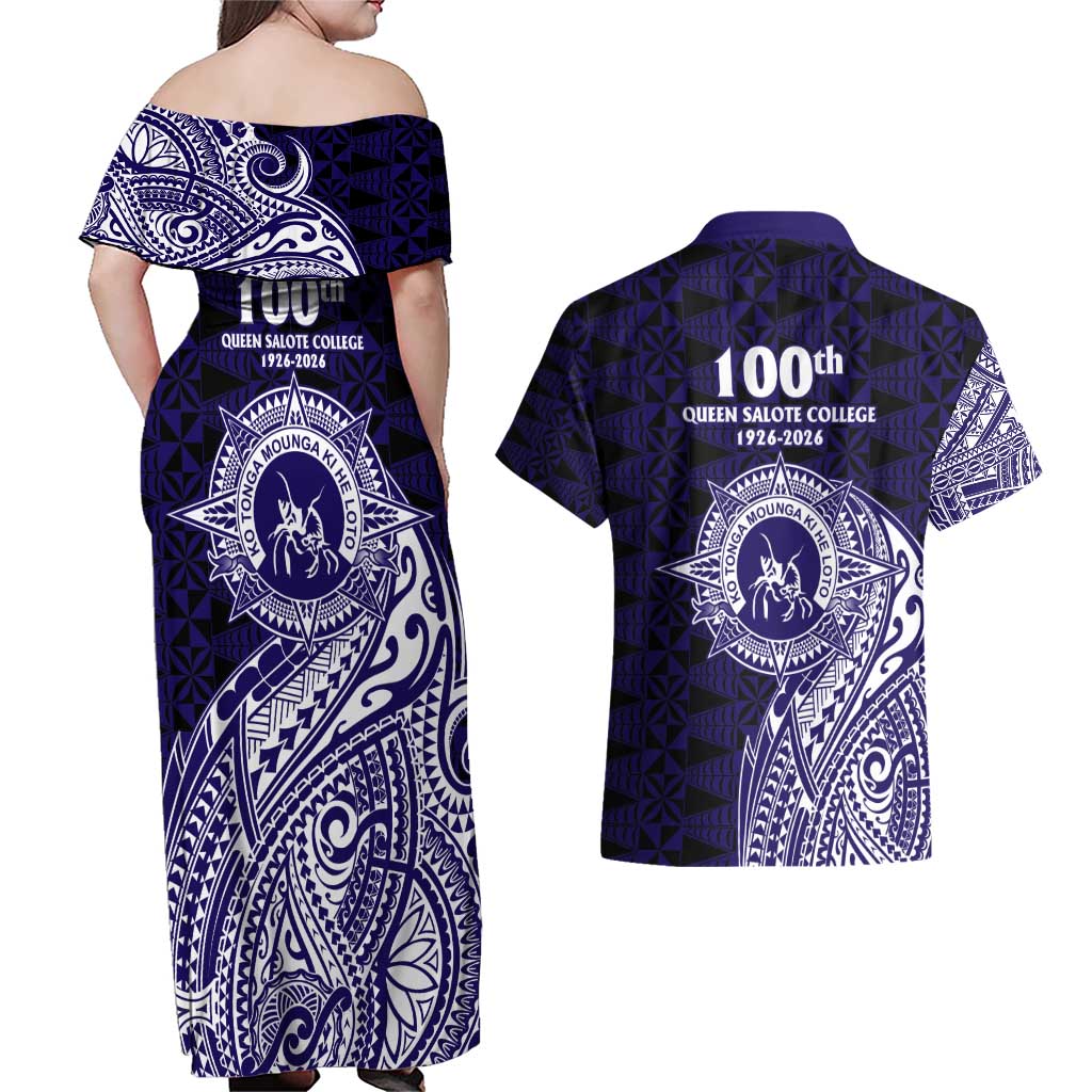 Tonga Queen Salote College 100th Years Couples Matching Off Shoulder Maxi Dress and Hawaiian Shirt Est 1926 Tongan Ngatu Tapa LT9 - Polynesian Pride