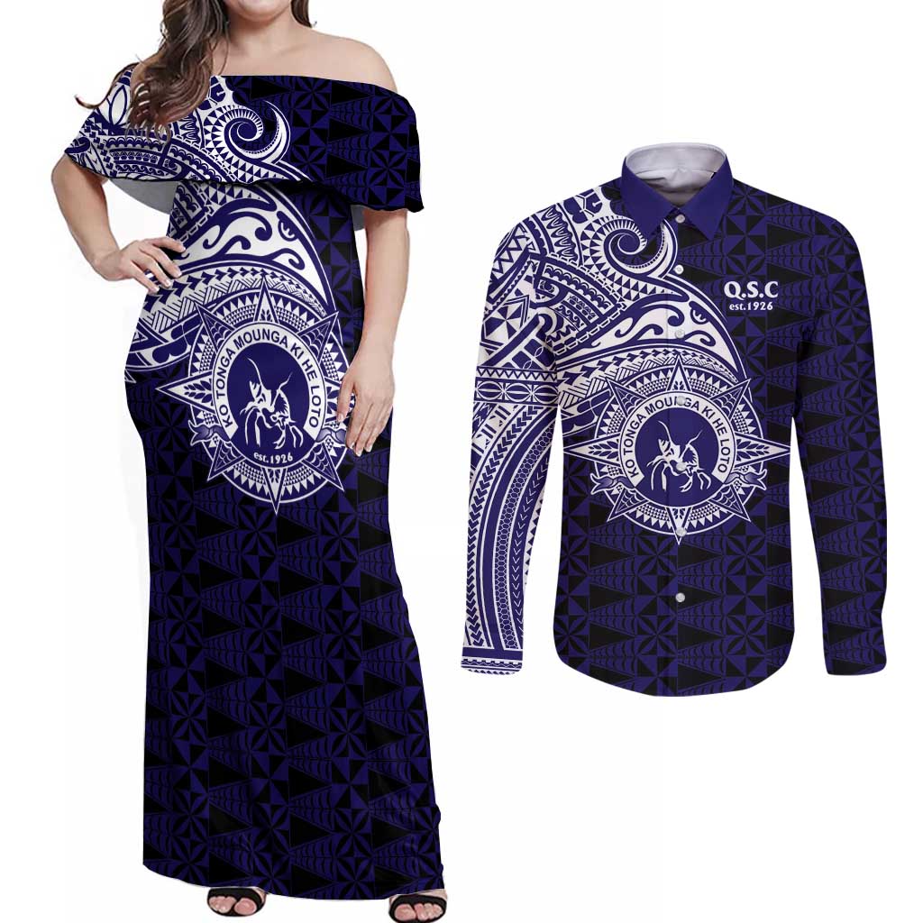 Tonga Queen Salote College 100th Years Couples Matching Off Shoulder Maxi Dress and Long Sleeve Button Shirt Est 1926 Tongan Ngatu Tapa LT9 Blue - Polynesian Pride