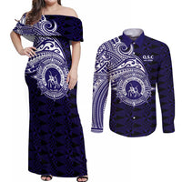 Tonga Queen Salote College 100th Years Couples Matching Off Shoulder Maxi Dress and Long Sleeve Button Shirt Est 1926 Tongan Ngatu Tapa LT9 Blue - Polynesian Pride