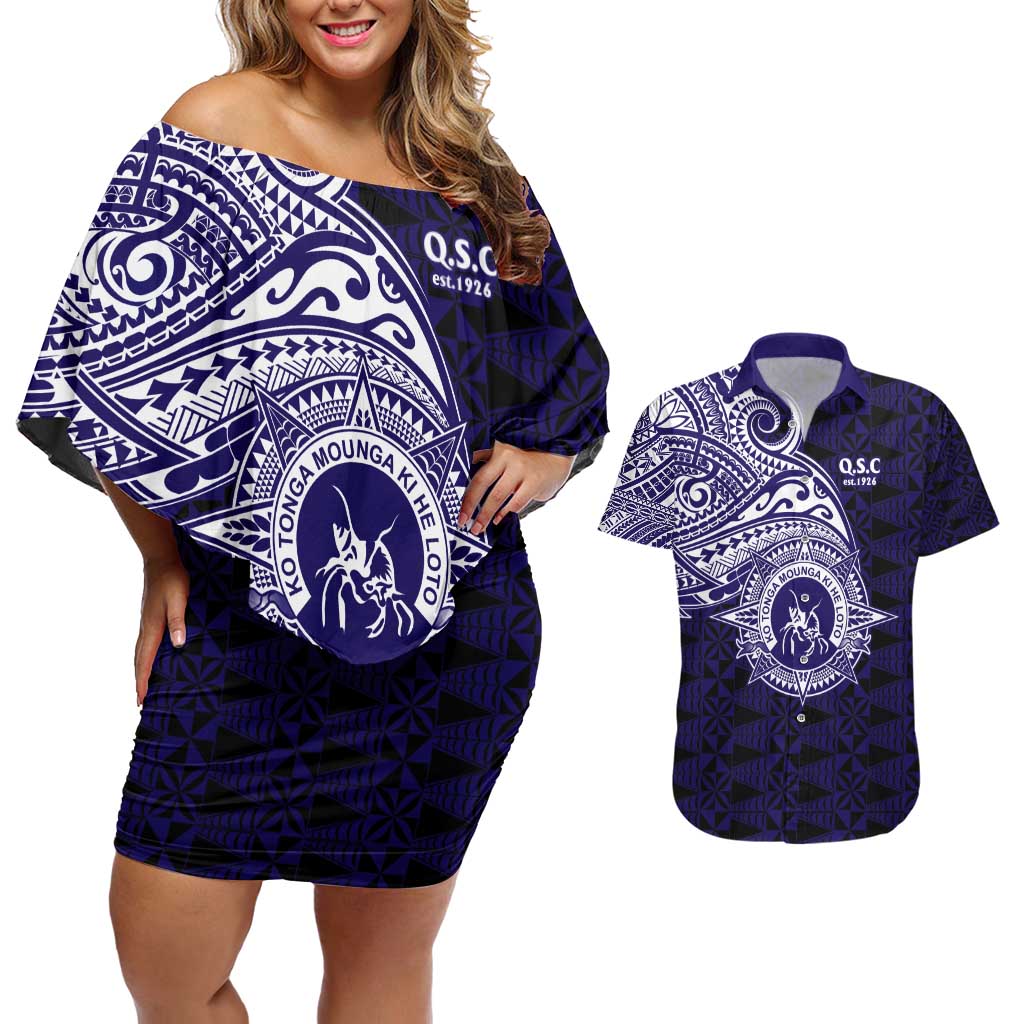 Tonga Queen Salote College 100th Years Couples Matching Off Shoulder Short Dress and Hawaiian Shirt Est 1926 Tongan Ngatu Tapa LT9 Blue - Polynesian Pride