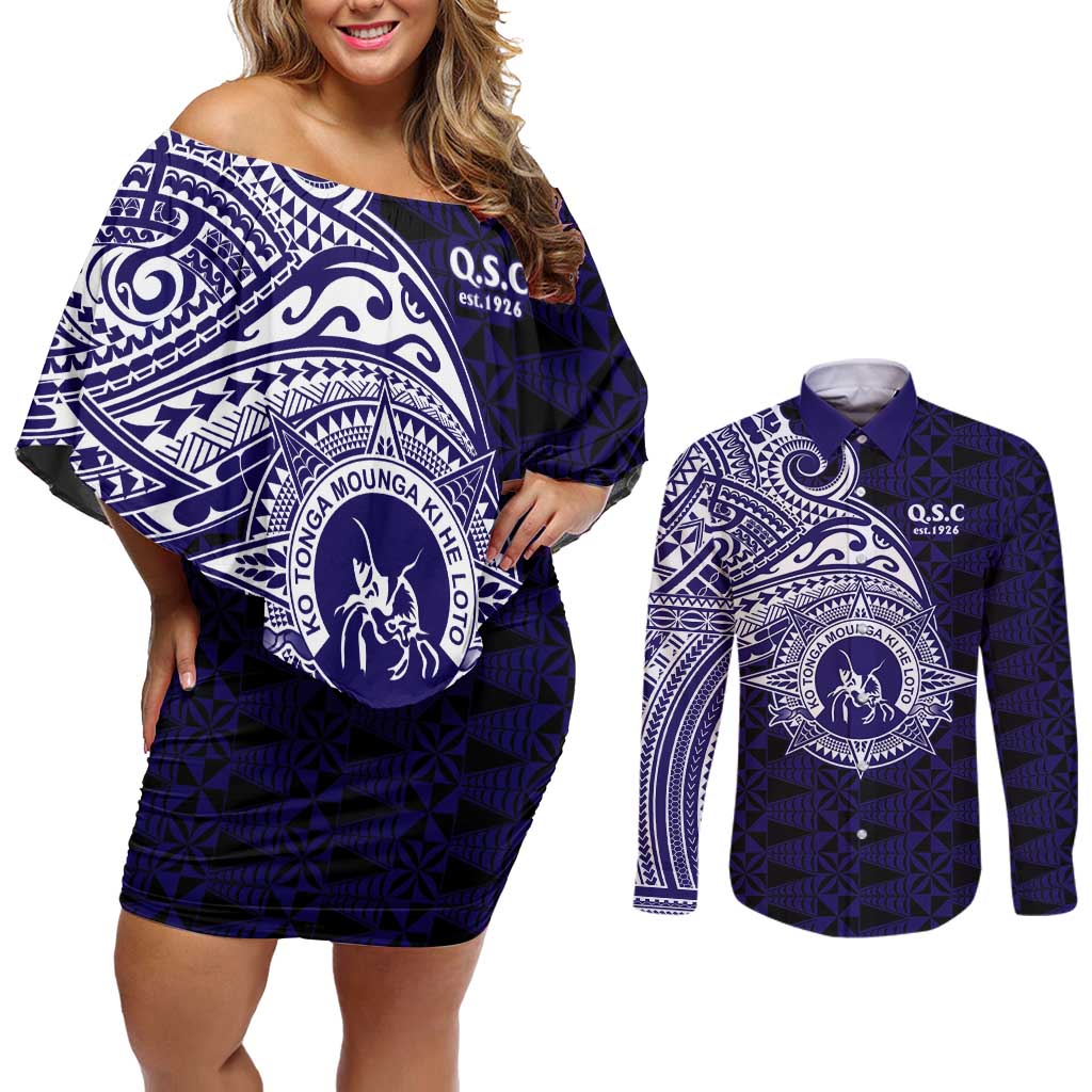 Tonga Queen Salote College 100th Years Couples Matching Off Shoulder Short Dress and Long Sleeve Button Shirt Est 1926 Tongan Ngatu Tapa LT9 Blue - Polynesian Pride