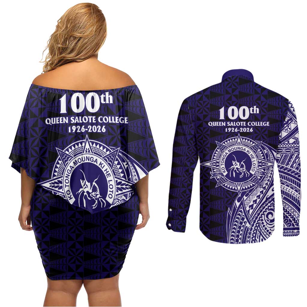 Tonga Queen Salote College 100th Years Couples Matching Off Shoulder Short Dress and Long Sleeve Button Shirt Est 1926 Tongan Ngatu Tapa LT9 - Polynesian Pride