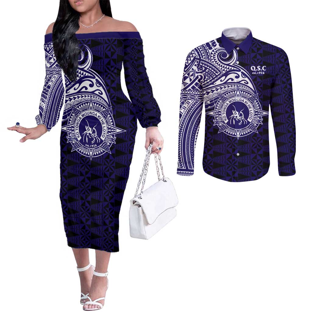 Tonga Queen Salote College 100th Years Couples Matching Off The Shoulder Long Sleeve Dress and Long Sleeve Button Shirt Est 1926 Tongan Ngatu Tapa - Polynesian Pride