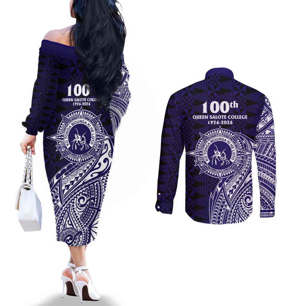 Tonga Queen Salote College 100th Years Couples Matching Off The Shoulder Long Sleeve Dress and Long Sleeve Button Shirt Est 1926 Tongan Ngatu Tapa LT9 - Polynesian Pride