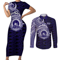 Tonga Queen Salote College 100th Years Couples Matching Short Sleeve Bodycon Dress and Long Sleeve Button Shirt Est 1926 Tongan Ngatu Tapa LT9 Blue - Polynesian Pride