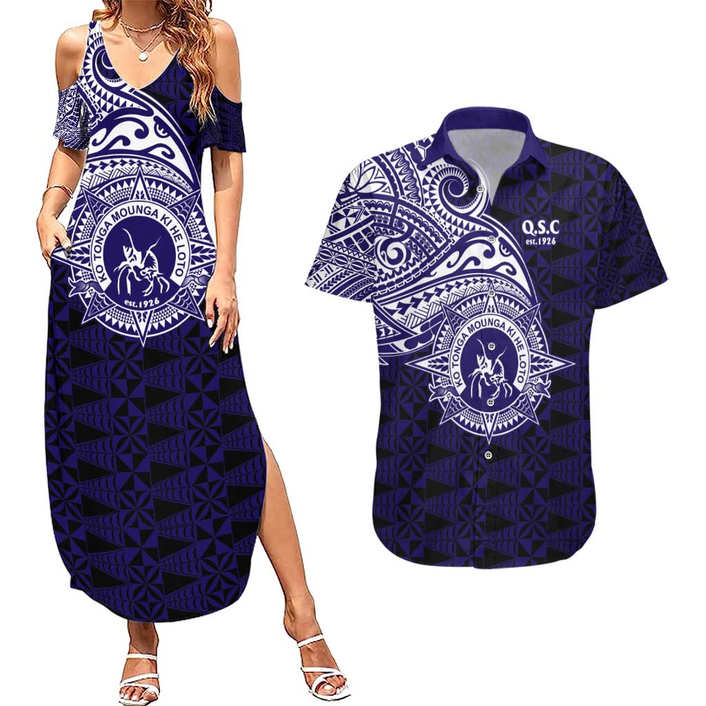 Tonga Queen Salote College 100th Years Couples Matching Summer Maxi Dress and Hawaiian Shirt Est 1926 Tongan Ngatu Tapa LT9 Blue - Polynesian Pride