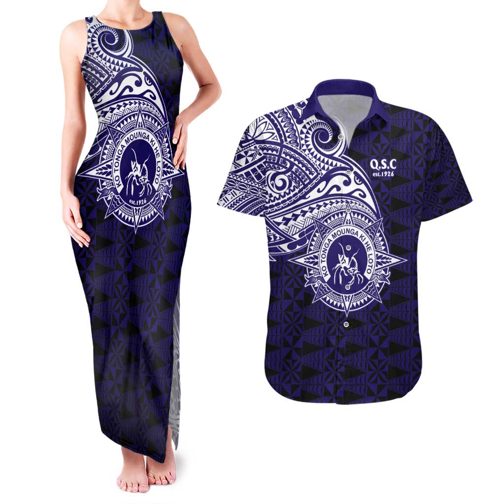 Tonga Queen Salote College 100th Years Couples Matching Tank Maxi Dress and Hawaiian Shirt Est 1926 Tongan Ngatu Tapa LT9 Blue - Polynesian Pride