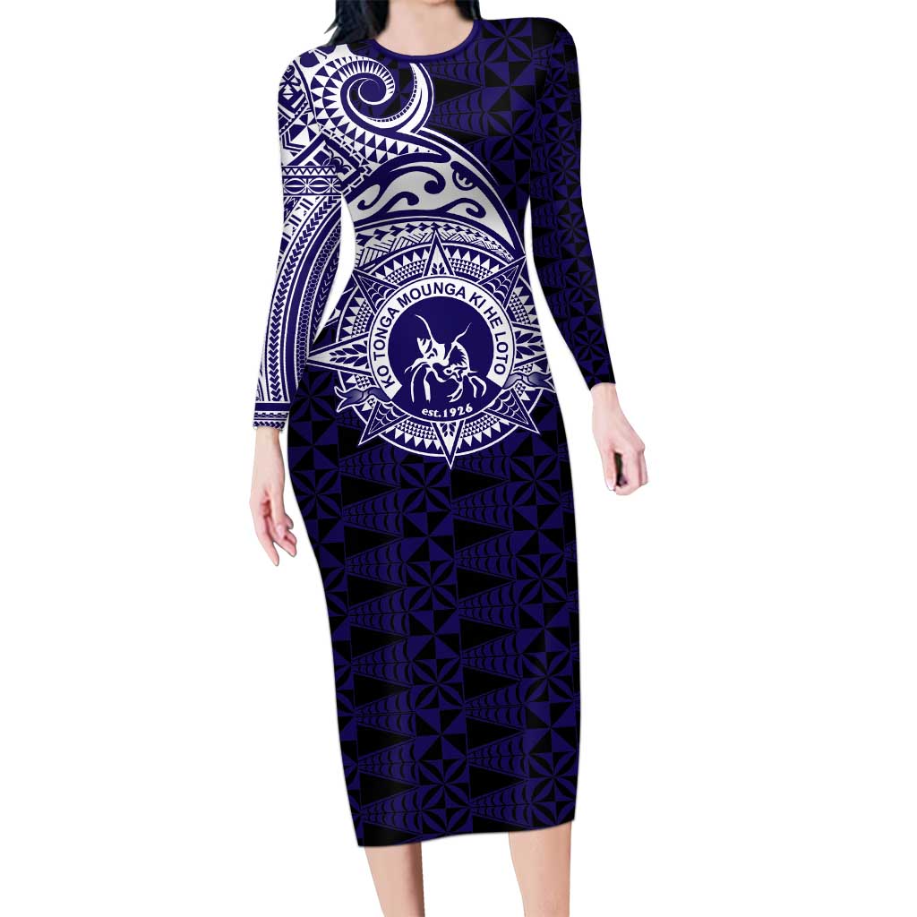 Tonga Queen Salote College 100th Years Family Matching Long Sleeve Bodycon Dress and Hawaiian Shirt Est 1926 Tongan Ngatu Tapa LT9 Mom's Dress Blue - Polynesian Pride