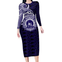 Tonga Queen Salote College 100th Years Family Matching Long Sleeve Bodycon Dress and Hawaiian Shirt Est 1926 Tongan Ngatu Tapa LT9 Mom's Dress Blue - Polynesian Pride