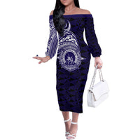 Tonga Queen Salote College 100th Years Family Matching Off The Shoulder Long Sleeve Dress and Hawaiian Shirt Est 1926 Tongan Ngatu Tapa LT9 Mom's Dress Blue - Polynesian Pride
