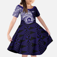 Tonga Queen Salote College 100th Years Family Matching Off Shoulder Maxi Dress and Hawaiian Shirt Est 1926 Tongan Ngatu Tapa LT9 Daughter's Dress Blue - Polynesian Pride
