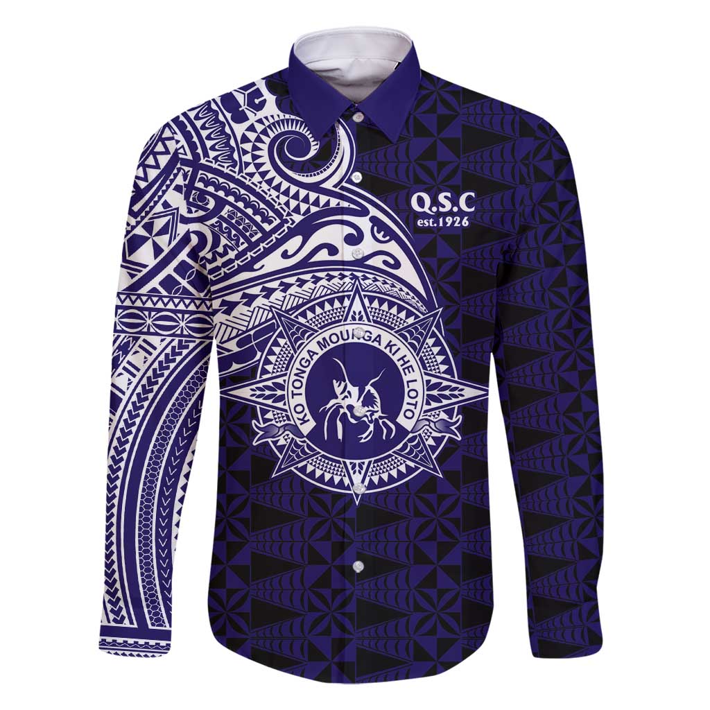 Tonga Queen Salote College 100th Years Family Matching Off Shoulder Short Dress and Hawaiian Shirt Est 1926 Tongan Ngatu Tapa LT9 Dad's Shirt - Long Sleeve Blue - Polynesian Pride