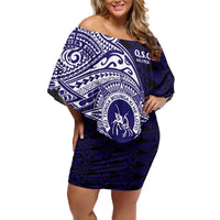 Tonga Queen Salote College 100th Years Family Matching Off Shoulder Short Dress and Hawaiian Shirt Est 1926 Tongan Ngatu Tapa LT9 Mom's Dress Blue - Polynesian Pride