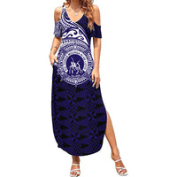 Tonga Queen Salote College 100th Years Family Matching Summer Maxi Dress and Hawaiian Shirt Est 1926 Tongan Ngatu Tapa LT9 Mom's Dress Blue - Polynesian Pride