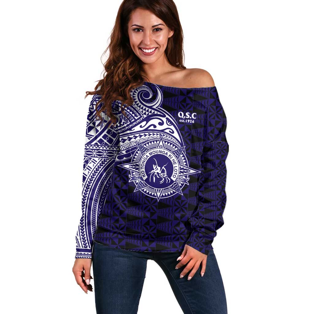 Tonga Queen Salote College 100th Years Off Shoulder Sweater Est 1926 Tongan Ngatu Tapa - Polynesian Pride