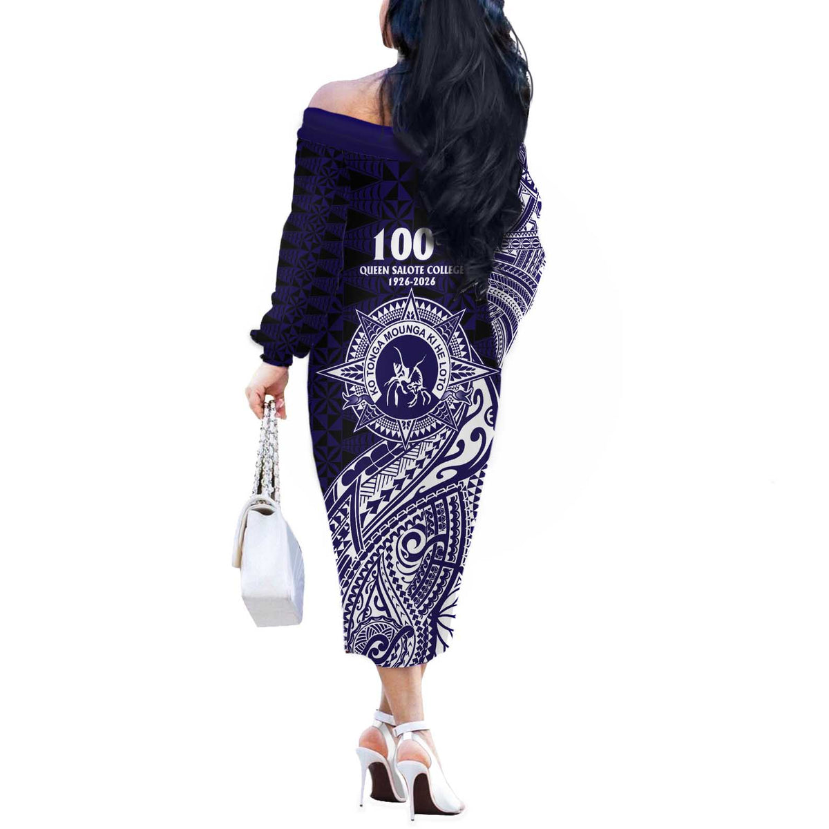Tonga Queen Salote College 100th Years Off The Shoulder Long Sleeve Dress Est 1926 Tongan Ngatu Tapa LT9 - Polynesian Pride