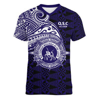 Tonga Queen Salote College 100th Years Women V-Neck T-Shirt Est 1926 Tongan Ngatu Tapa LT9 Female Blue - Polynesian Pride