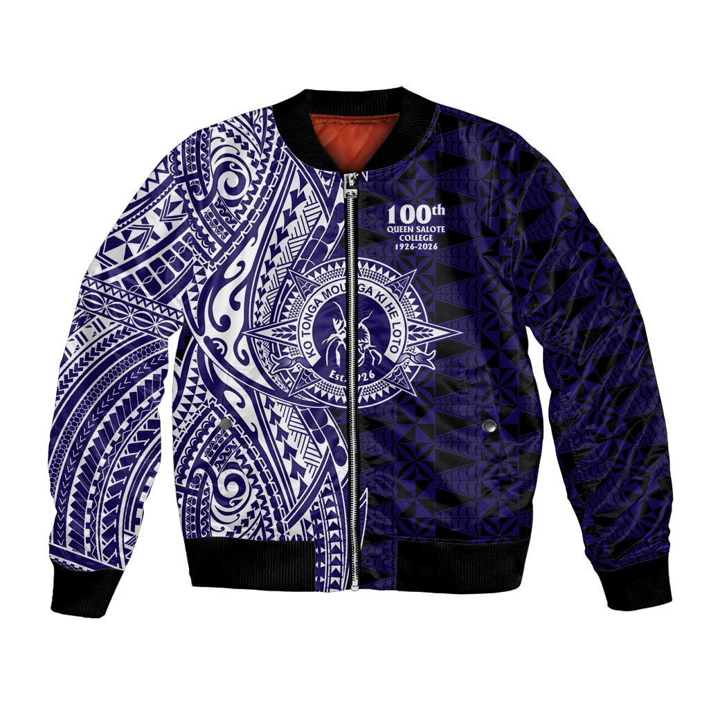 Tonga Queen Salote College 100th Years Bomber Jacket Blue Tonga Kupesi Uniquely Pacific Art - Polynesian Pride
