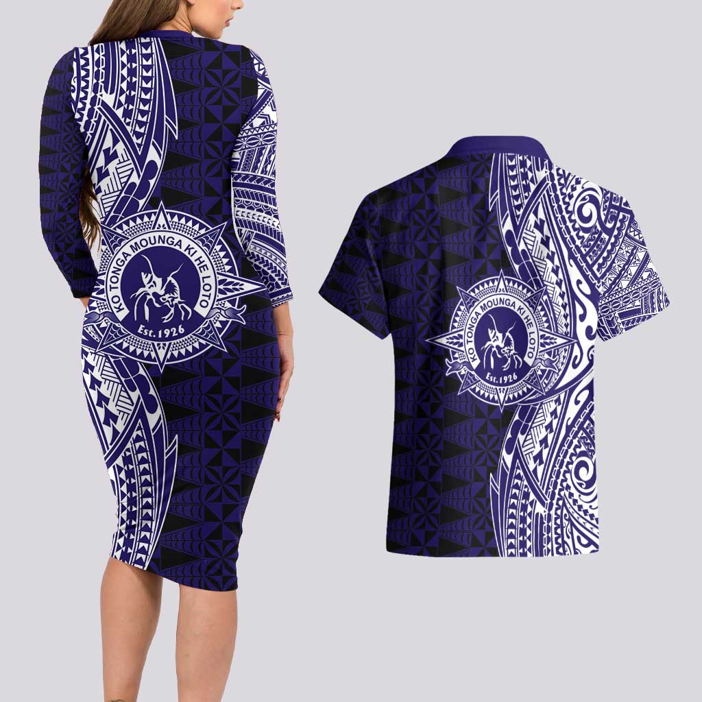 Tonga Queen Salote College 100th Years Couples Matching Long Sleeve Bodycon Dress and Hawaiian Shirt Blue Tonga Kupesi Uniquely Pacific Art LT9 - Polynesian Pride