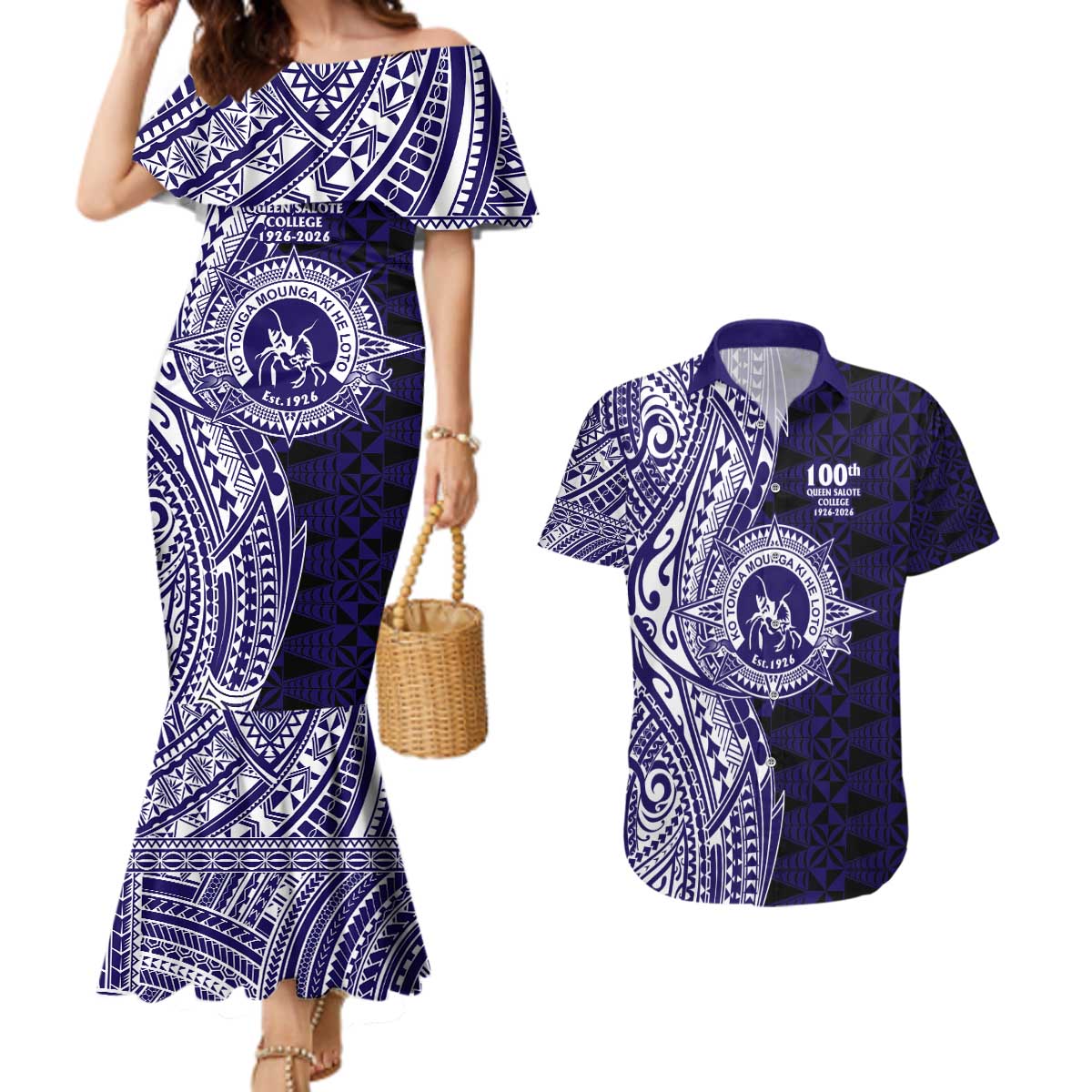 Tonga Queen Salote College 100th Years Couples Matching Mermaid Dress and Hawaiian Shirt Blue Tonga Kupesi Uniquely Pacific Art LT9 Blue - Polynesian Pride