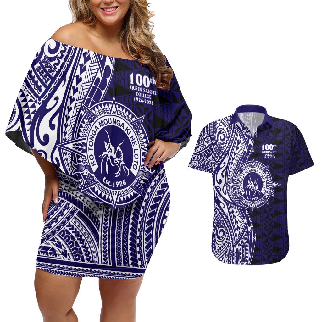 Tonga Queen Salote College 100th Years Couples Matching Off Shoulder Short Dress and Hawaiian Shirt Blue Tonga Kupesi Uniquely Pacific Art - Polynesian Pride