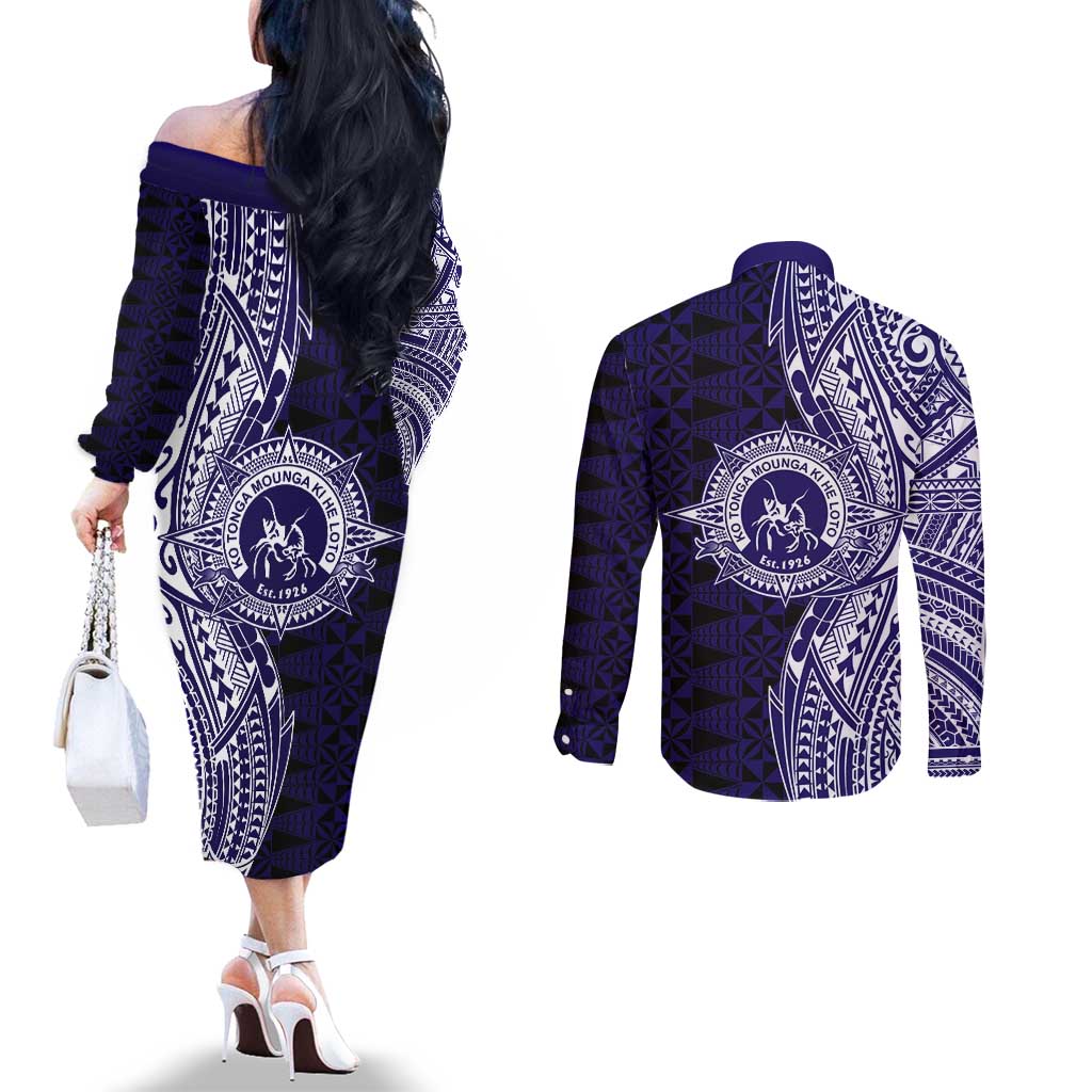 Tonga Queen Salote College 100th Years Couples Matching Off The Shoulder Long Sleeve Dress and Long Sleeve Button Shirt Blue Tonga Kupesi Uniquely Pacific Art - Polynesian Pride