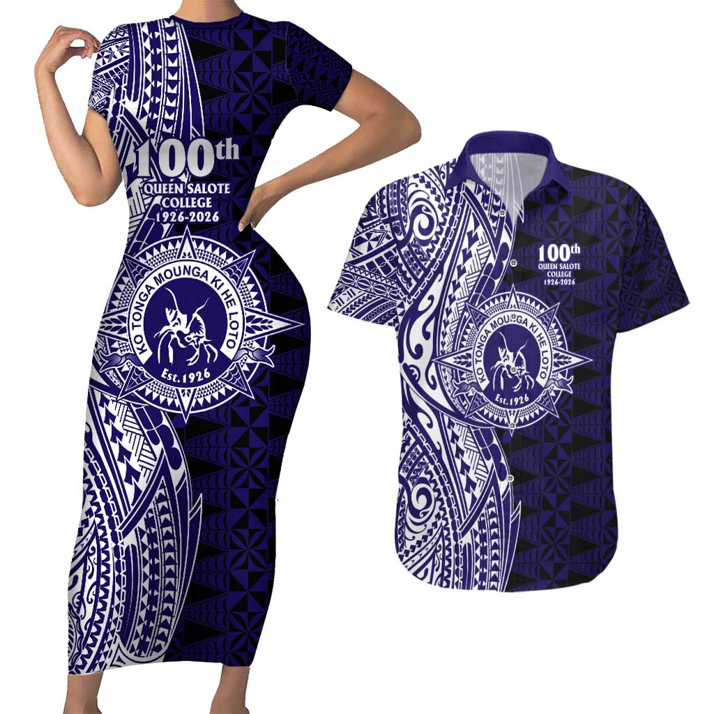 Tonga Queen Salote College 100th Years Couples Matching Short Sleeve Bodycon Dress and Hawaiian Shirt Blue Tonga Kupesi Uniquely Pacific Art LT9 Blue - Polynesian Pride