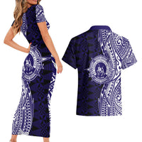 Tonga Queen Salote College 100th Years Couples Matching Short Sleeve Bodycon Dress and Hawaiian Shirt Blue Tonga Kupesi Uniquely Pacific Art LT9 - Polynesian Pride