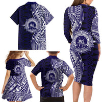 Tonga Queen Salote College 100th Years Family Matching Long Sleeve Bodycon Dress and Hawaiian Shirt Blue Tonga Kupesi Uniquely Pacific Art LT9 - Polynesian Pride